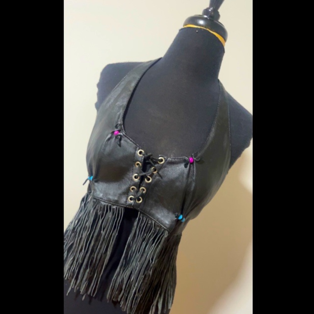 🖤SOLD🖤 Vintage Leather Club leather halter crop top with fringe and beads